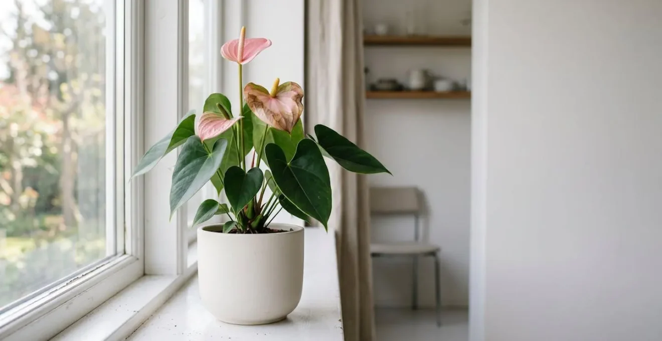 Anthurium plant with browning leaf edges showing signs of stress in a domestic interior setting