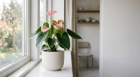Anthurium plant with browning leaf edges showing signs of stress in a domestic interior setting