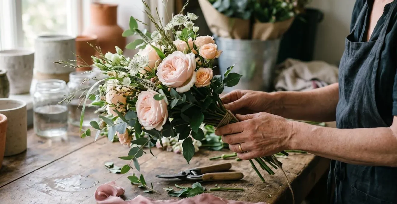 Close-up of florist hands carefully assembling a seasonal hand-tied bouquet on a rustic wooden workbench with British-grown garden roses and foliage