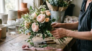 Close-up of florist hands carefully assembling a seasonal hand-tied bouquet on a rustic wooden workbench with British-grown garden roses and foliage