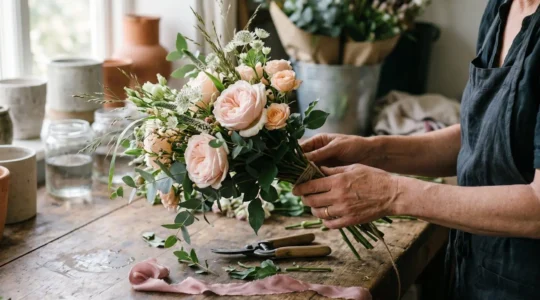 Close-up of florist hands carefully assembling a seasonal hand-tied bouquet on a rustic wooden workbench with British-grown garden roses and foliage