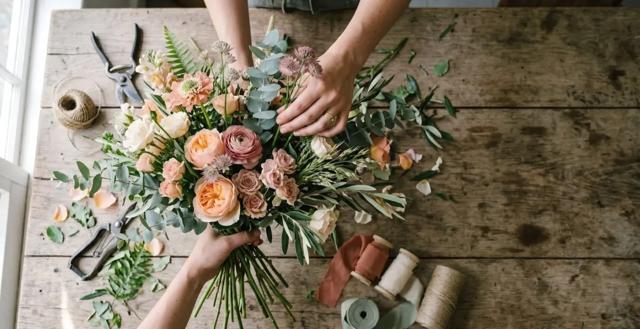 Professional artisan florist arranging an organic yet balanced flower bouquet with garden roses and foliage
