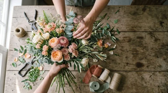 Professional artisan florist arranging an organic yet balanced flower bouquet with garden roses and foliage