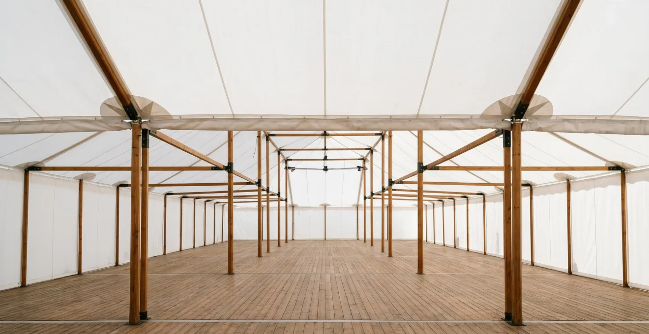 Professional editorial photograph of an empty white marquee tent interior awaiting floral transformation, with soft natural light filtering through canvas walls and visible structural beams