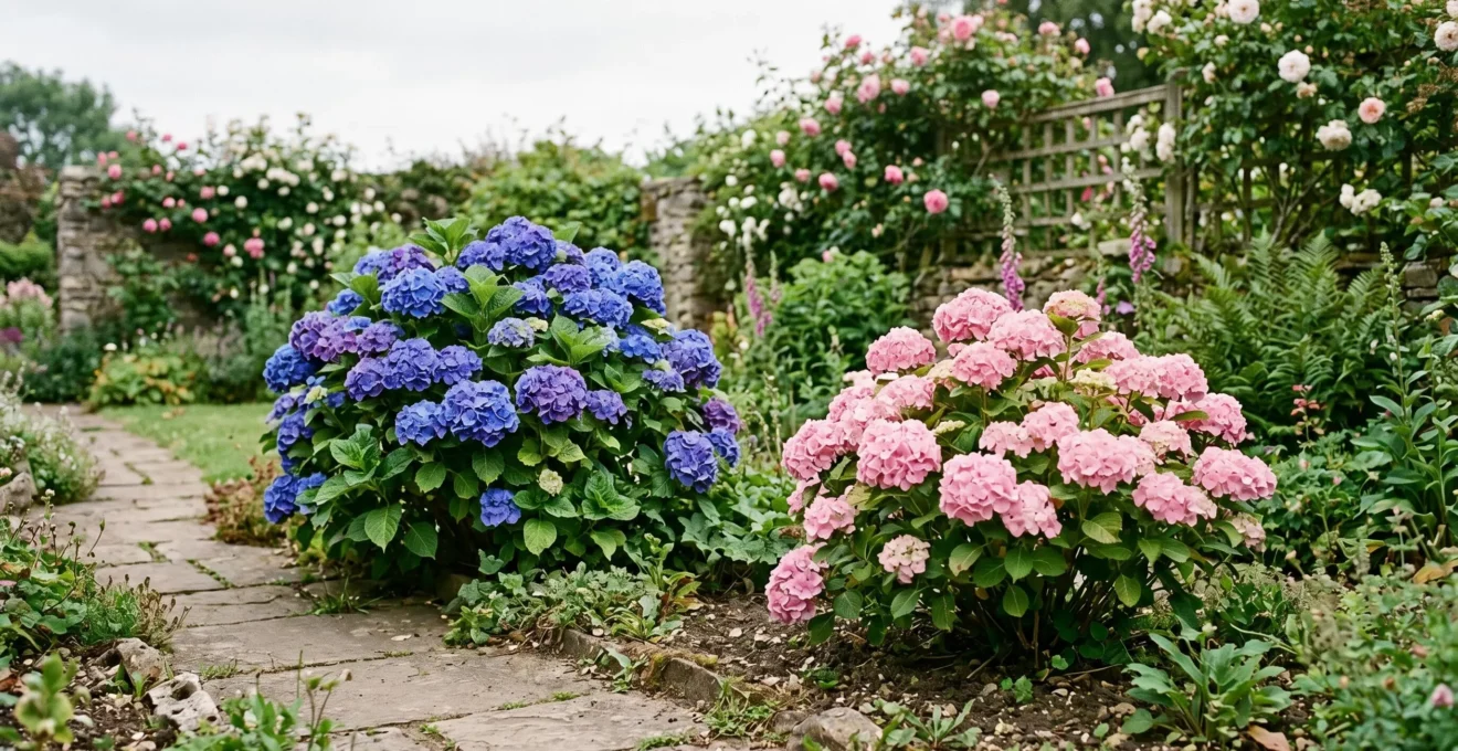 Two vibrant hydrangea shrubs side by side showing contrasting bloom colors influenced by soil chemistry