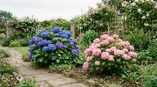 Two vibrant hydrangea shrubs side by side showing contrasting bloom colors influenced by soil chemistry