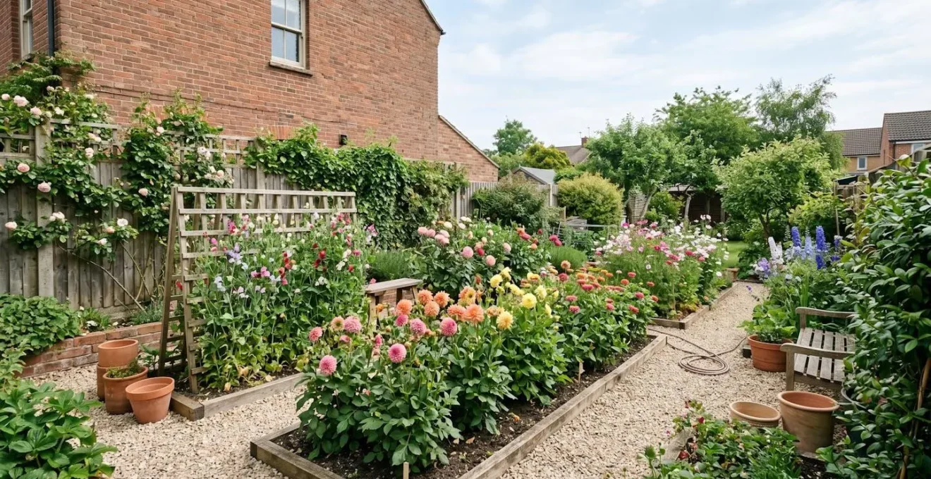 Aerial view of a productive British cutting garden in a small back garden space showing organized planting rows