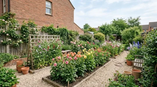 Aerial view of a productive British cutting garden in a small back garden space showing organized planting rows