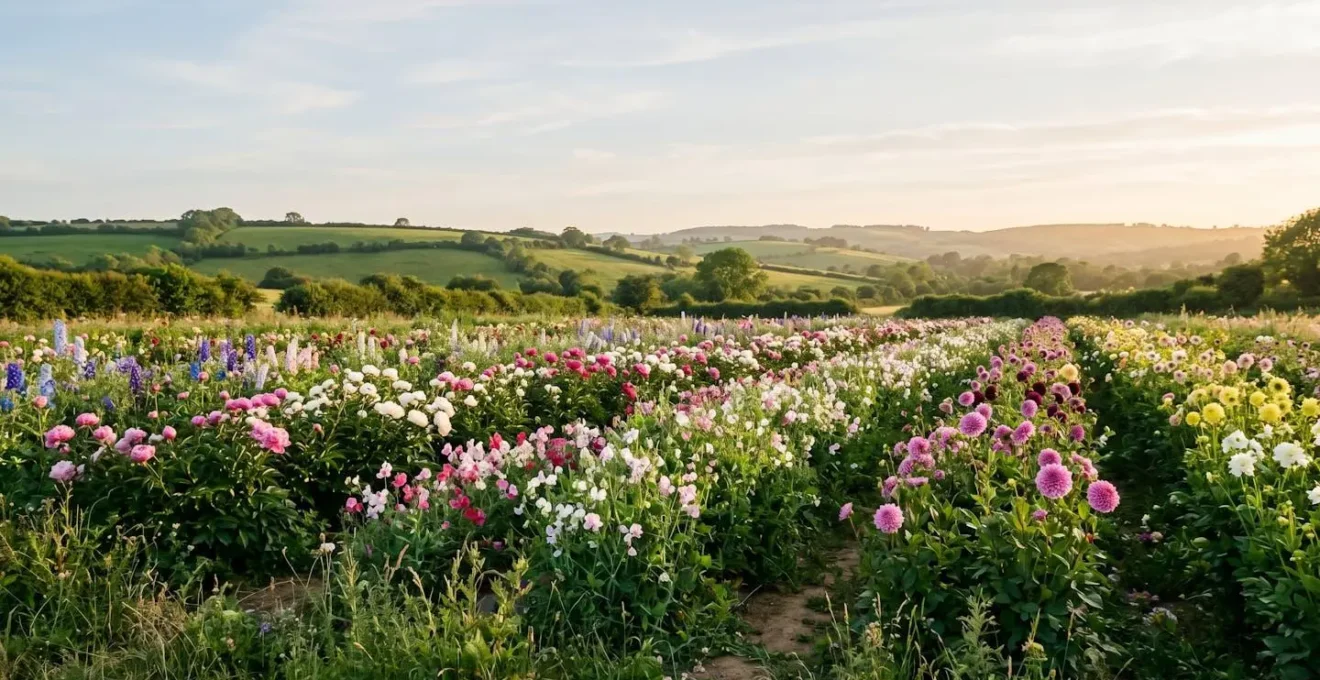 Vibrant field of British-grown summer flowers with natural sunlight and countryside landscape
