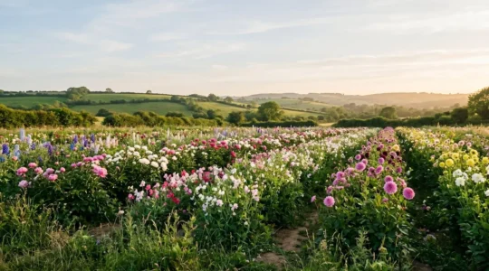 Vibrant field of British-grown summer flowers with natural sunlight and countryside landscape
