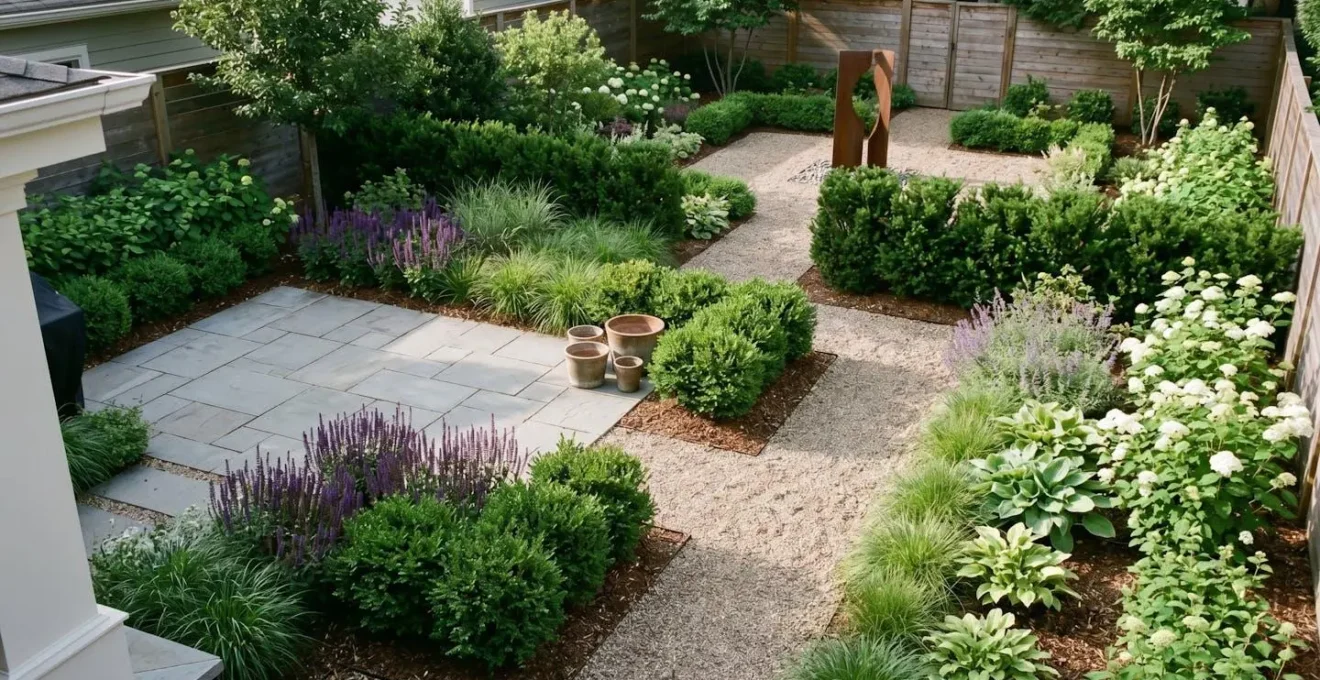 Overhead view of a residential garden showing the contrast between a cluttered plant collection and an intentionally designed outdoor space with clear structure and purpose