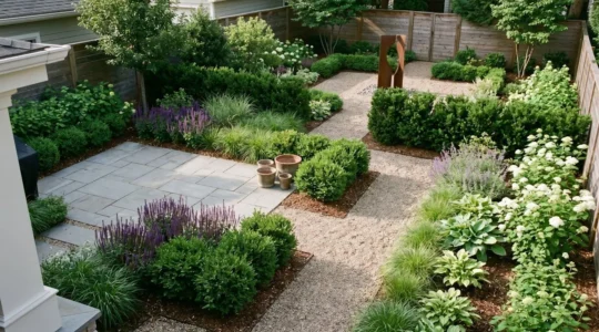 Overhead view of a residential garden showing the contrast between a cluttered plant collection and an intentionally designed outdoor space with clear structure and purpose