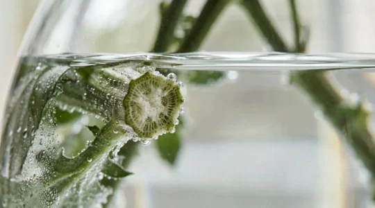 Close-up photograph of fresh chrysanthemum stems in clear water showing natural hydration process