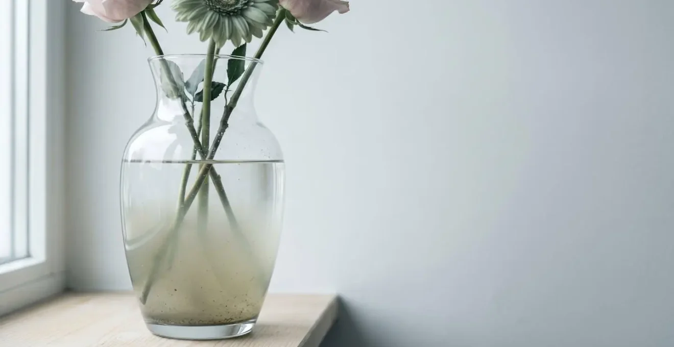 Close-up view of a clear glass vase showing cloudy water and cut flower stems with visible bacterial contamination