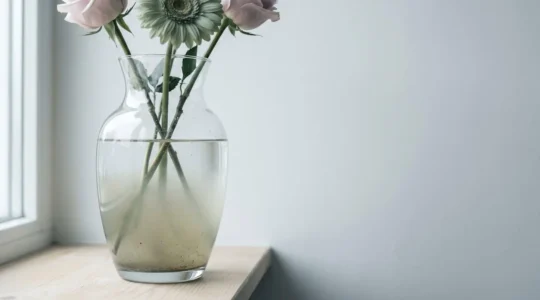 Close-up view of a clear glass vase showing cloudy water and cut flower stems with visible bacterial contamination