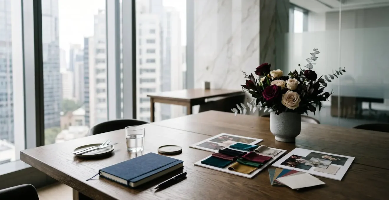 Professional consultation scene showing elegant corporate event planning with natural floral elements and professional budget documents