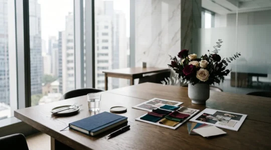 Professional consultation scene showing elegant corporate event planning with natural floral elements and professional budget documents