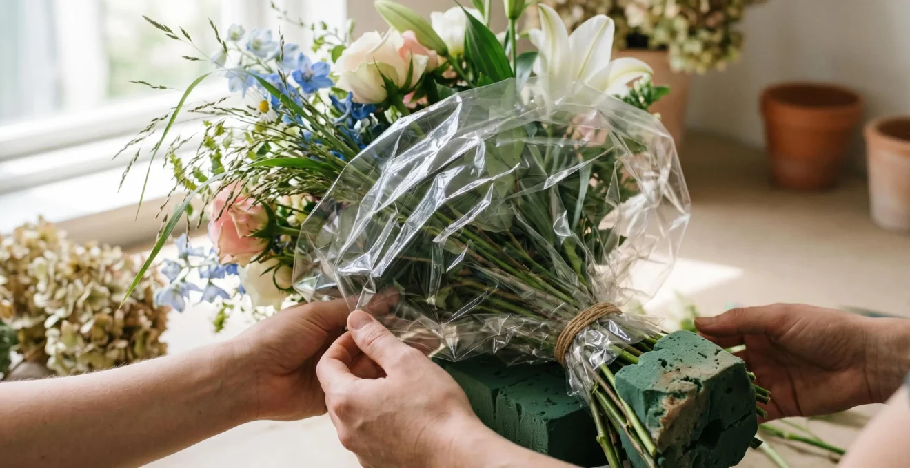 Close-up of hands holding a mixed flower bouquet with visible green floral foam base and plastic packaging, revealing the environmental contradiction