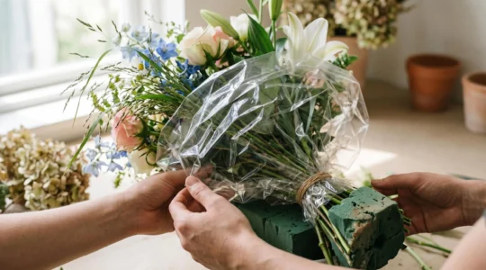 Close-up of hands holding a mixed flower bouquet with visible green floral foam base and plastic packaging, revealing the environmental contradiction