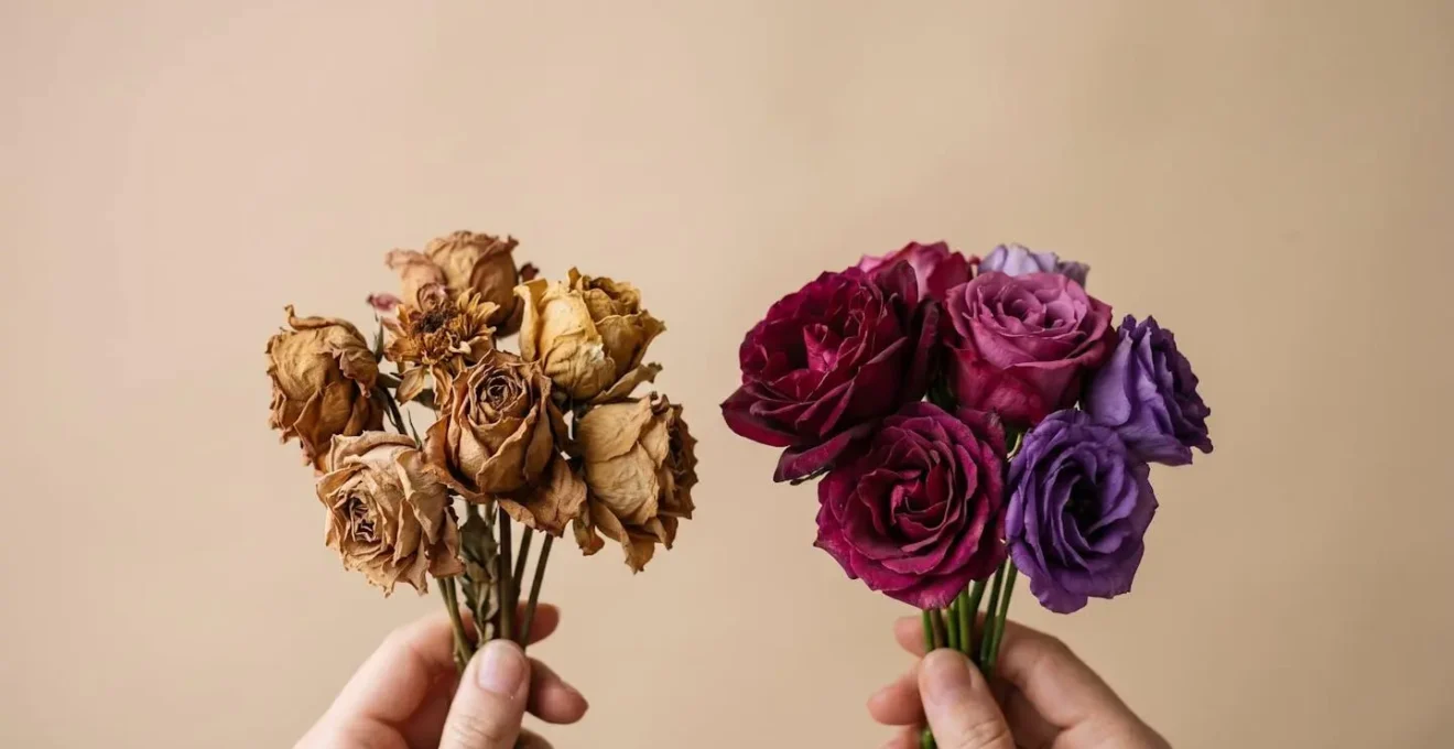 Two hands holding dried flower stems side by side comparing DIY air-dried brown petals with vibrant professionally preserved blooms in natural studio light