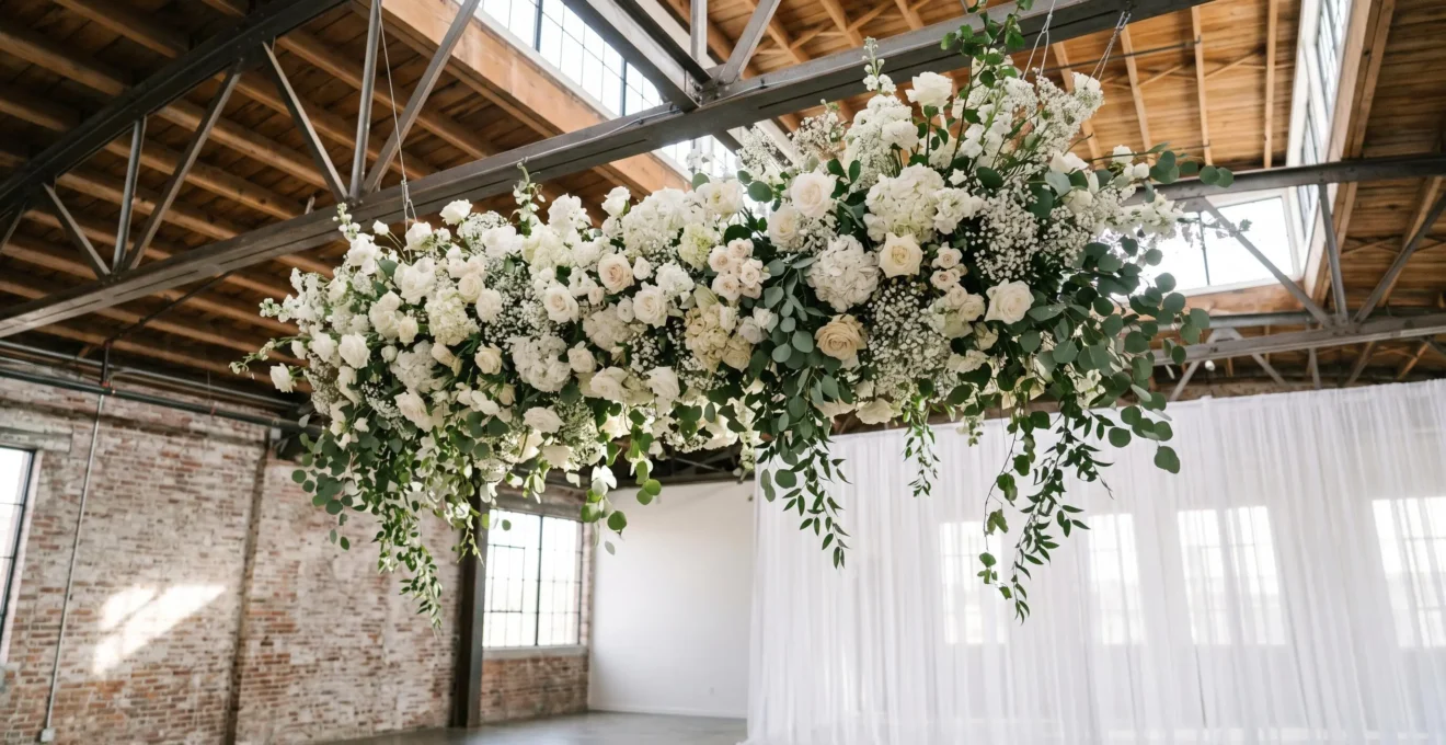Lush floral cloud installation hanging from wooden beam ceiling with greenery cascading downward in natural daylight