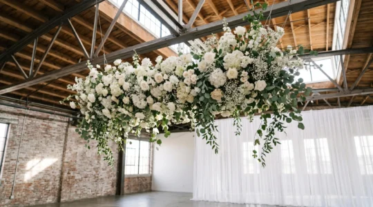 Lush floral cloud installation hanging from wooden beam ceiling with greenery cascading downward in natural daylight