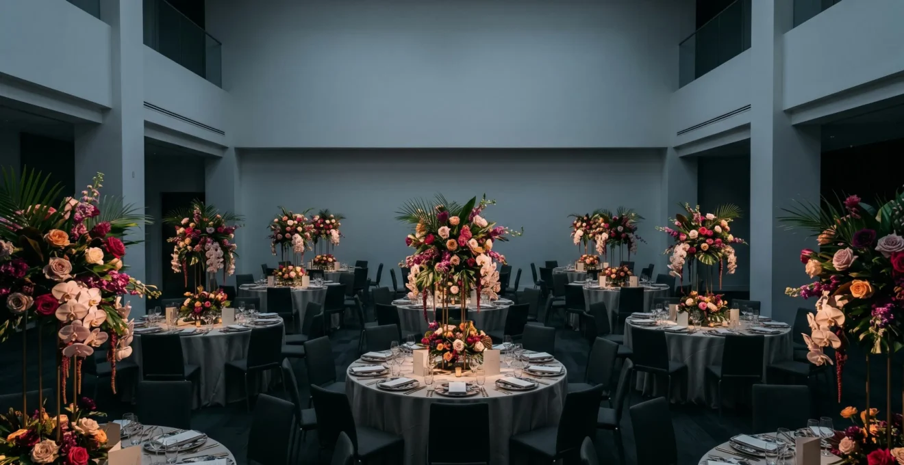 Elegant but lifeless wedding reception with elaborate floral centerpieces sitting untouched in an empty ballroom under dramatic lighting