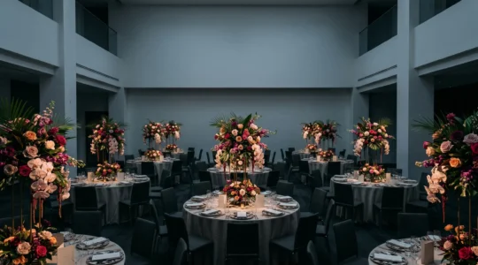 Elegant but lifeless wedding reception with elaborate floral centerpieces sitting untouched in an empty ballroom under dramatic lighting