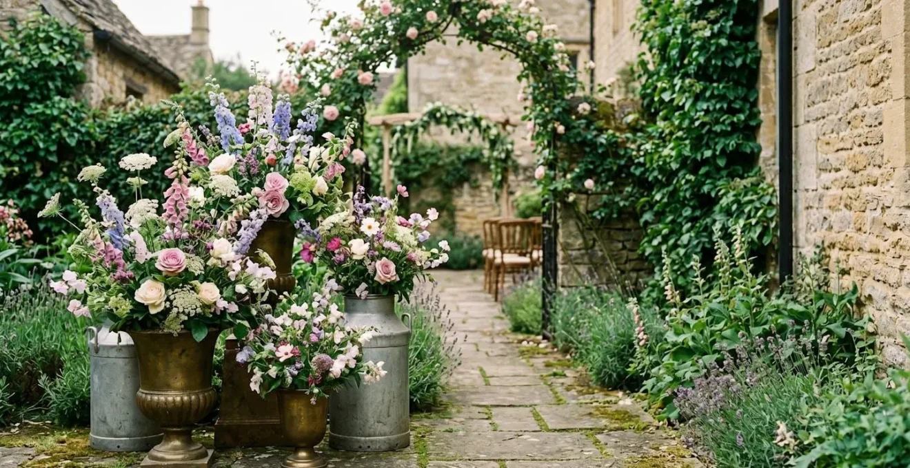 Romantic English cottage garden wedding arrangement with vintage urns and overflowing seasonal blooms creating an authentic heritage aesthetic