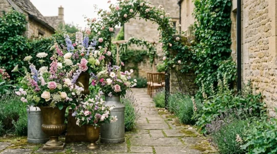 Romantic English cottage garden wedding arrangement with vintage urns and overflowing seasonal blooms creating an authentic heritage aesthetic