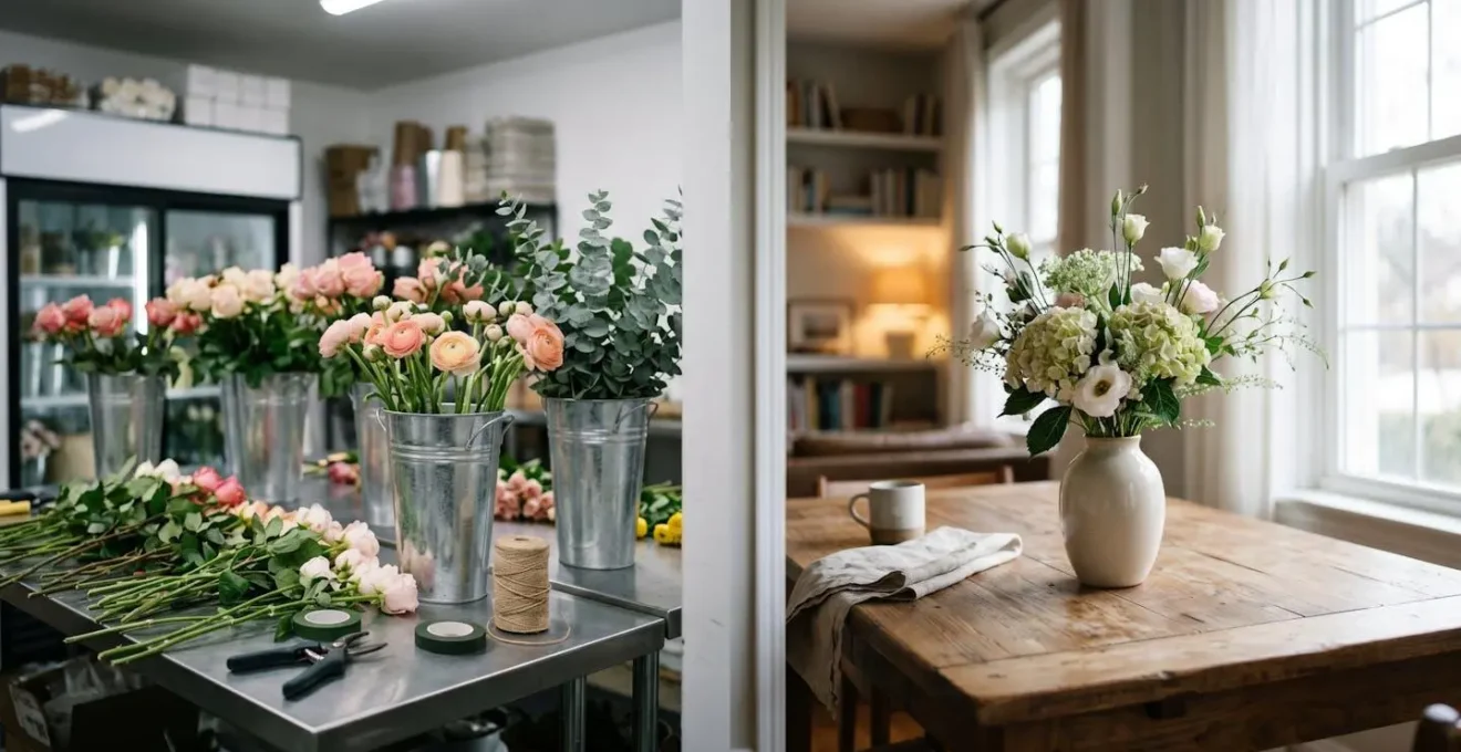 A florist's workspace showing professional flower bucket water treatment in commercial setting