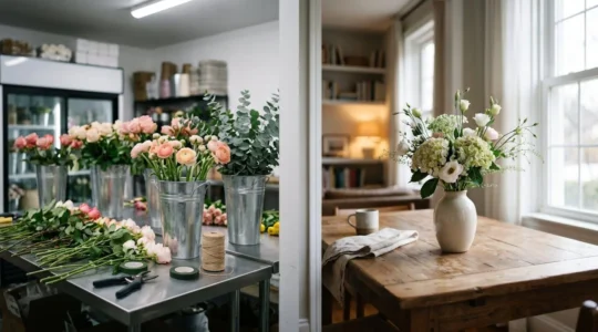 A florist's workspace showing professional flower bucket water treatment in commercial setting