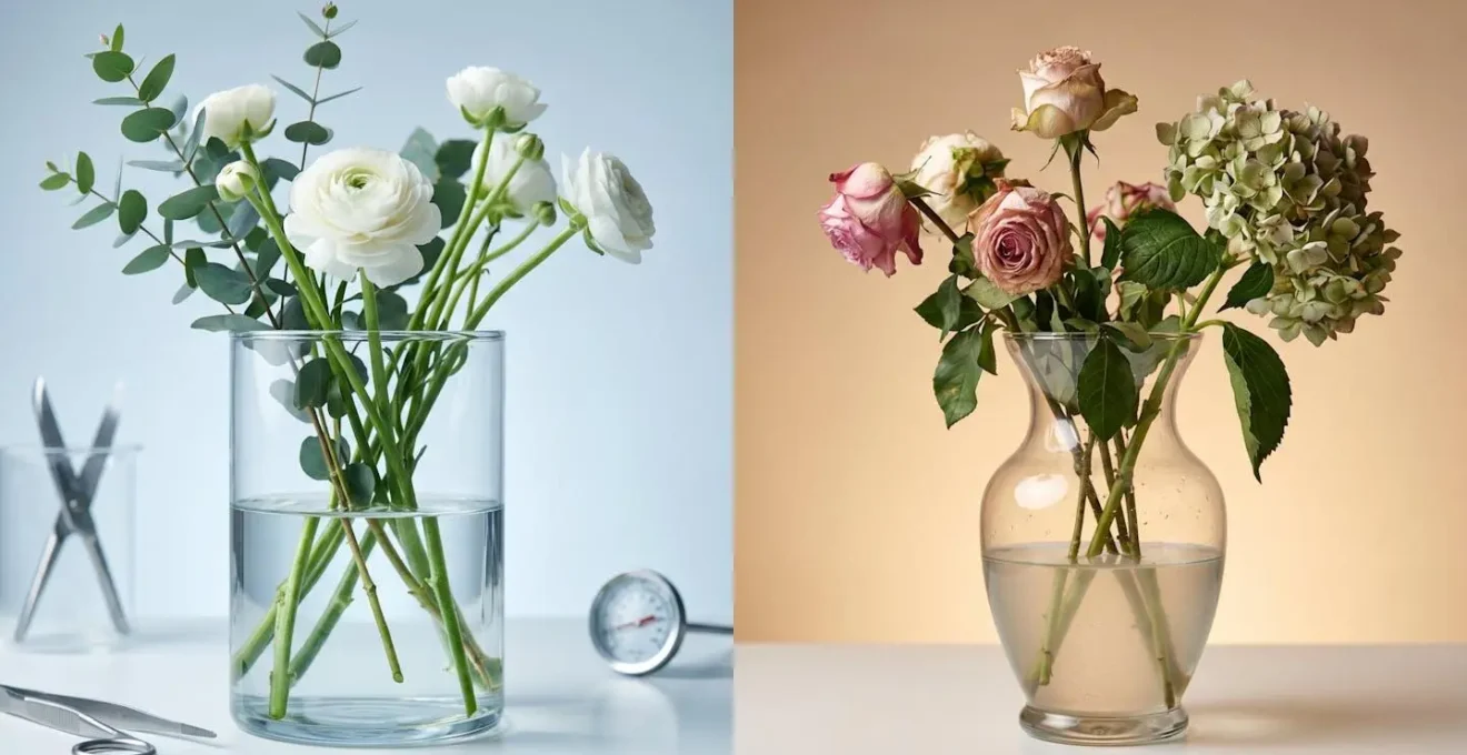 Split-composition comparing professional florist flower care setup with home vase arrangement showing contrasting water quality and environmental conditions