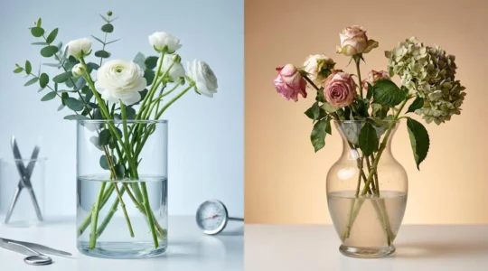 Split-composition comparing professional florist flower care setup with home vase arrangement showing contrasting water quality and environmental conditions