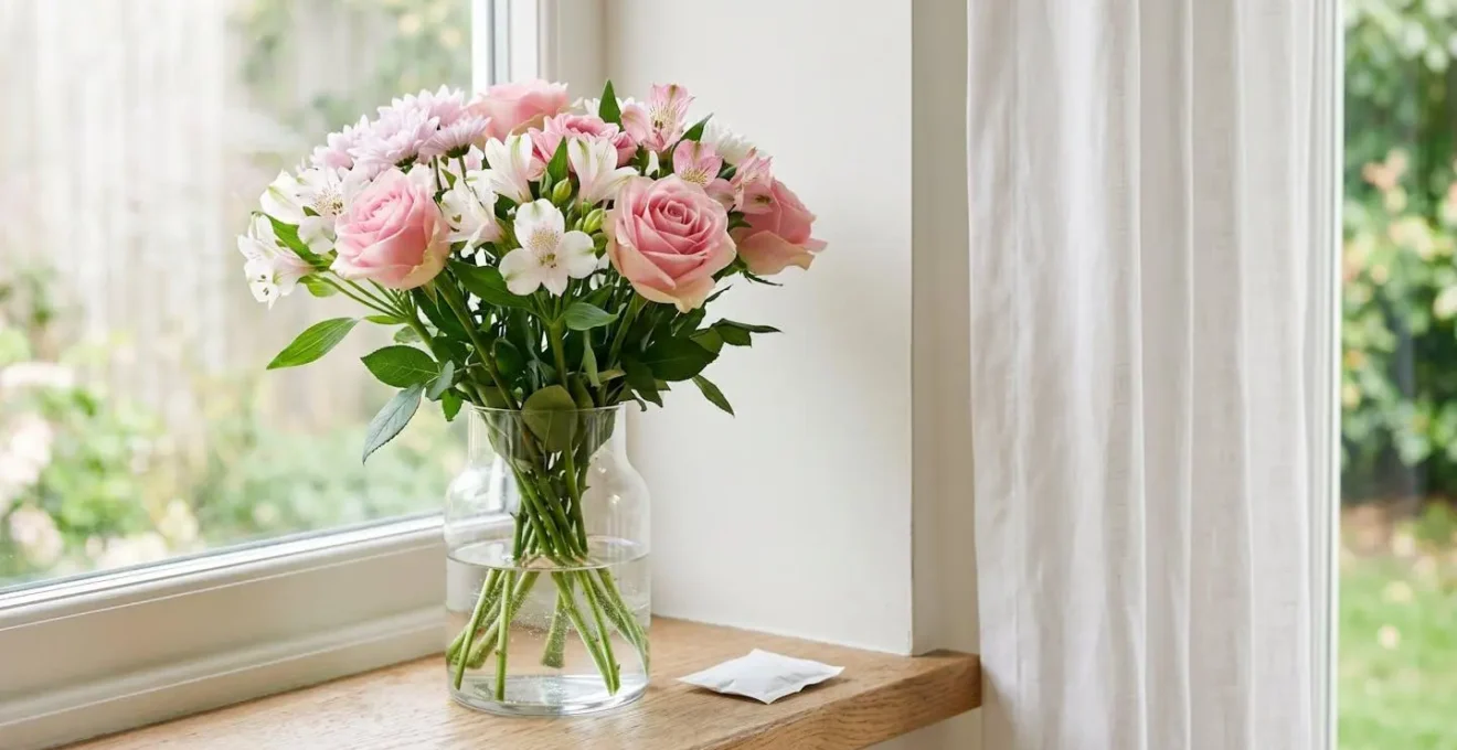 Fresh cut flowers in crystal clear vase water with visible stem health and vibrant petals