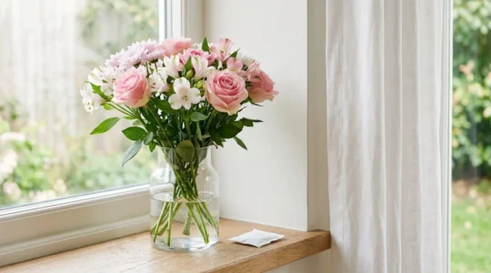 Fresh cut flowers in crystal clear vase water with visible stem health and vibrant petals