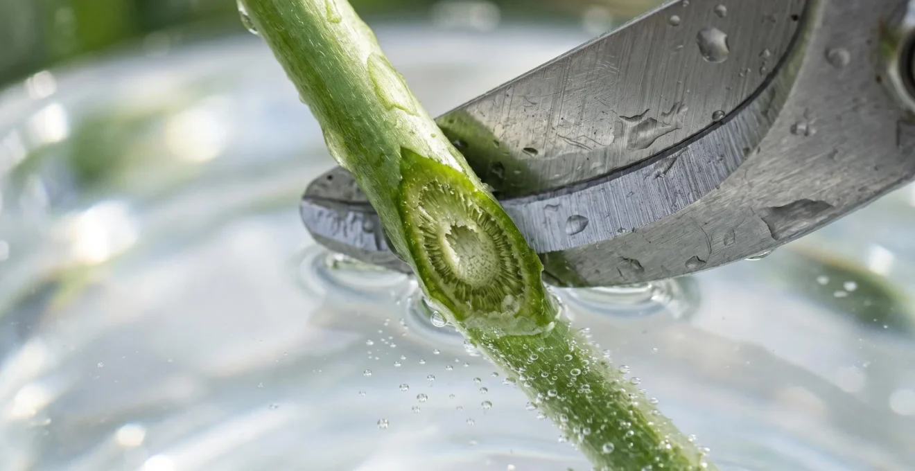 Close-up of a fresh flower stem being cut at a 45-degree angle underwater showing transparent water and botanical precision