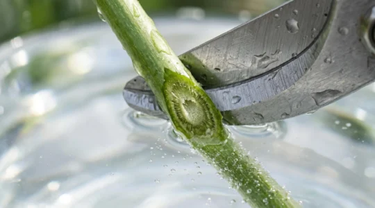 Close-up of a fresh flower stem being cut at a 45-degree angle underwater showing transparent water and botanical precision