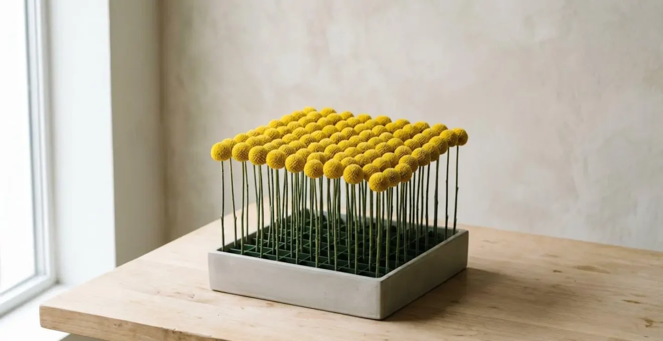 Perfectly symmetrical grid-structure floral arrangement showcasing architectural precision and geometric balance