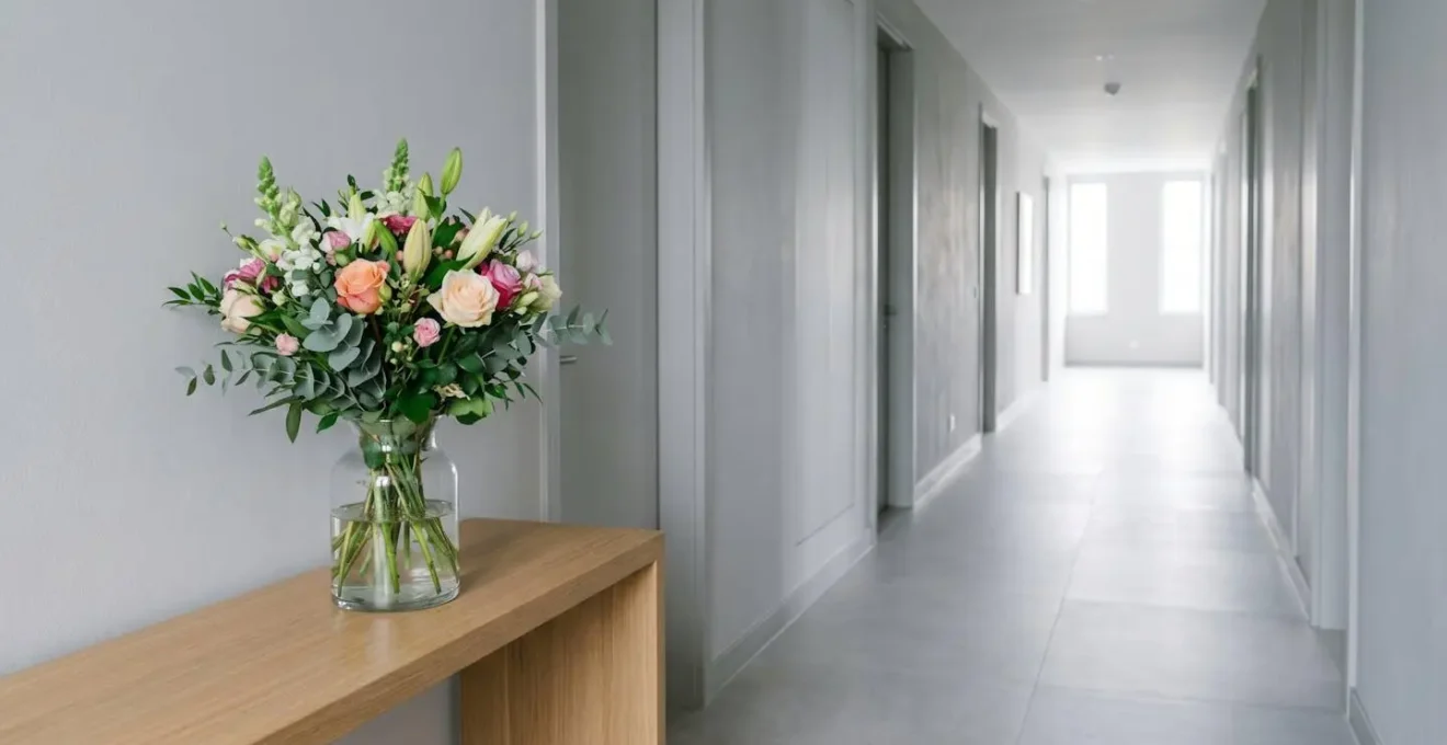 Fresh flower arrangement in cool hallway environment with soft indirect natural light and stable temperature