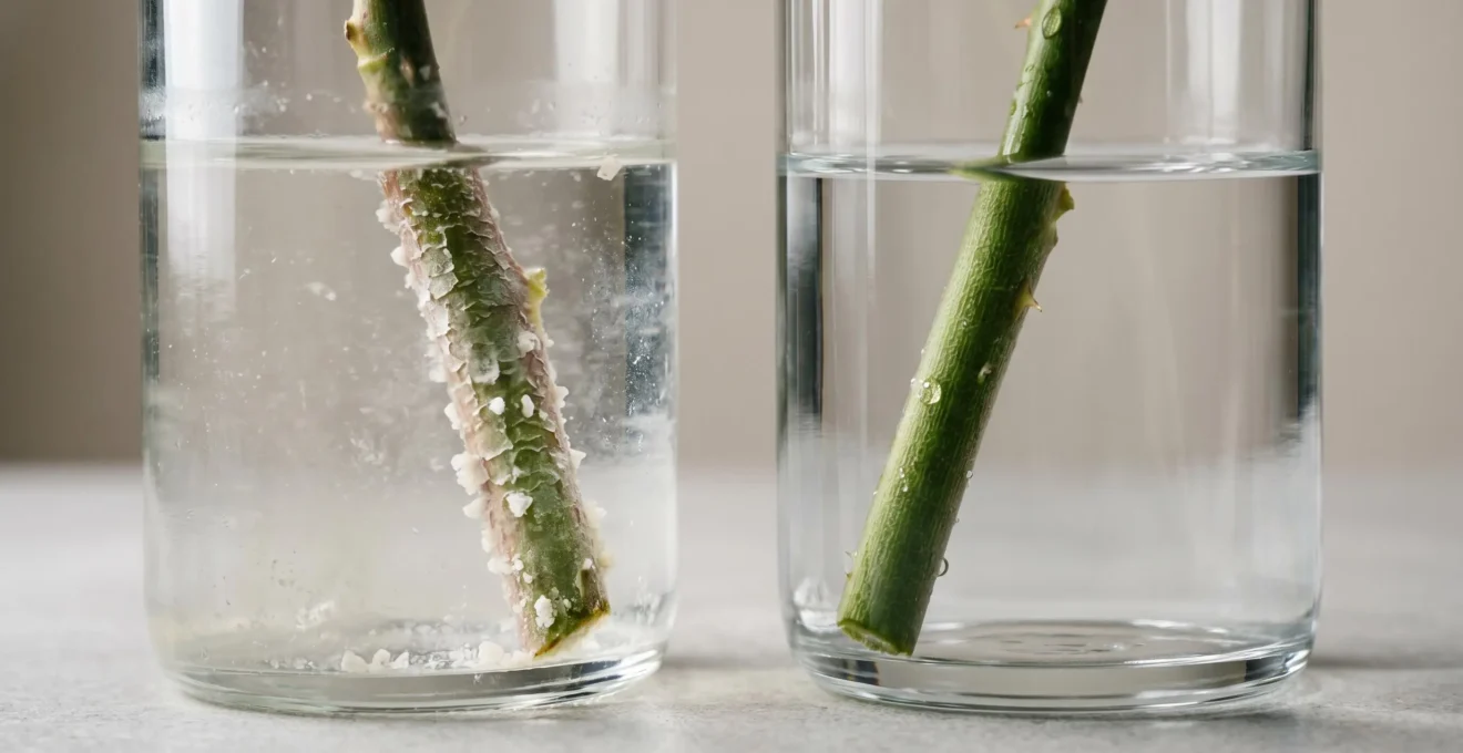 Close-up of fresh cut flower stems in crystal clear water showing mineral deposits forming at stem base with contrasting water clarity levels