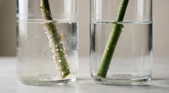 Close-up of fresh cut flower stems in crystal clear water showing mineral deposits forming at stem base with contrasting water clarity levels