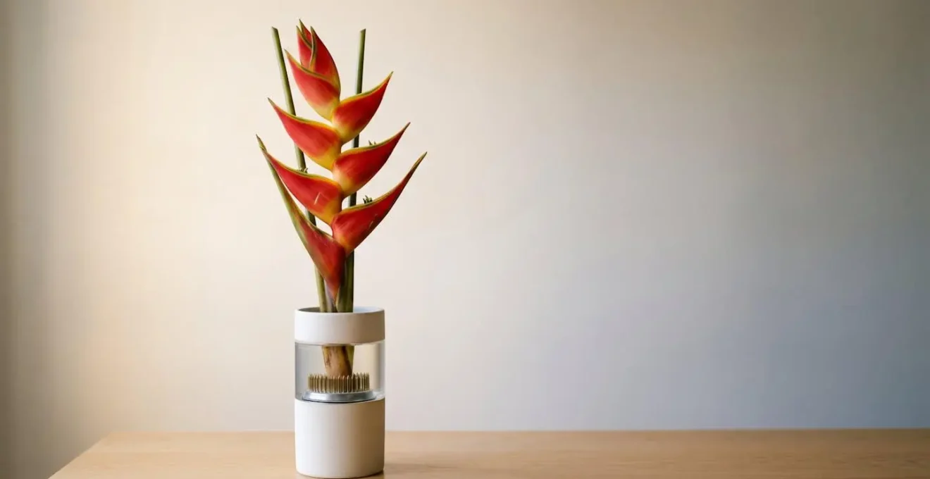 Close-up of a vibrant heliconia flower stem balanced in a weighted vase with pin frog anchoring system, showcasing tropical floral arrangement technique