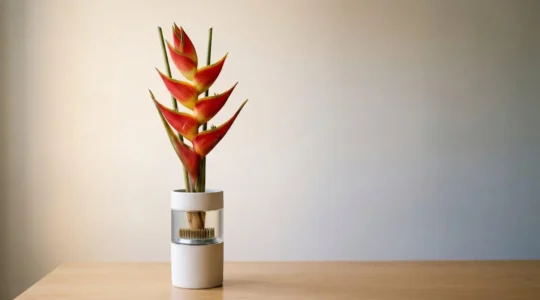 Close-up of a vibrant heliconia flower stem balanced in a weighted vase with pin frog anchoring system, showcasing tropical floral arrangement technique