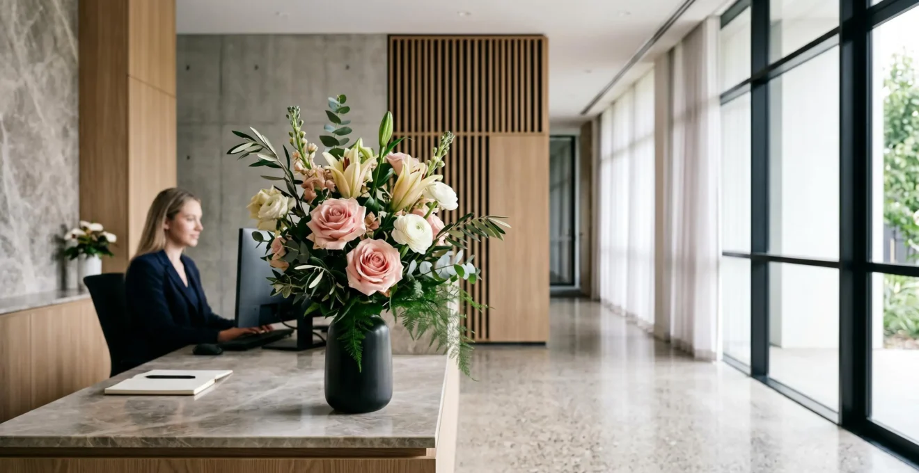 Professional office reception area with fresh flower arrangement and natural light creating a welcoming corporate atmosphere