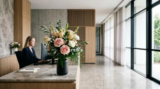 Professional office reception area with fresh flower arrangement and natural light creating a welcoming corporate atmosphere