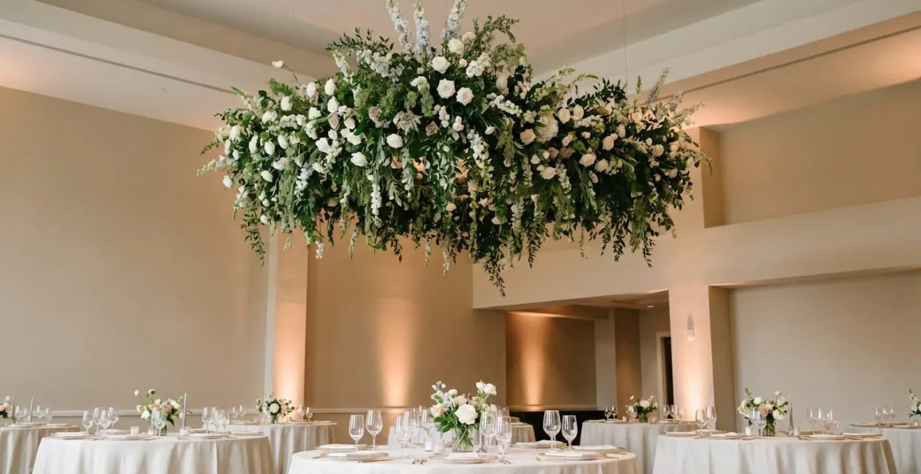 Immersive garden ballroom transformation with suspended floral cloud installation and lush greenery