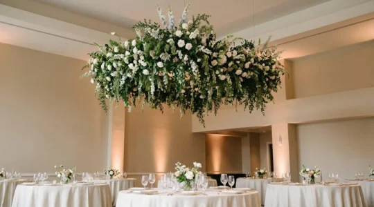 Immersive garden ballroom transformation with suspended floral cloud installation and lush greenery