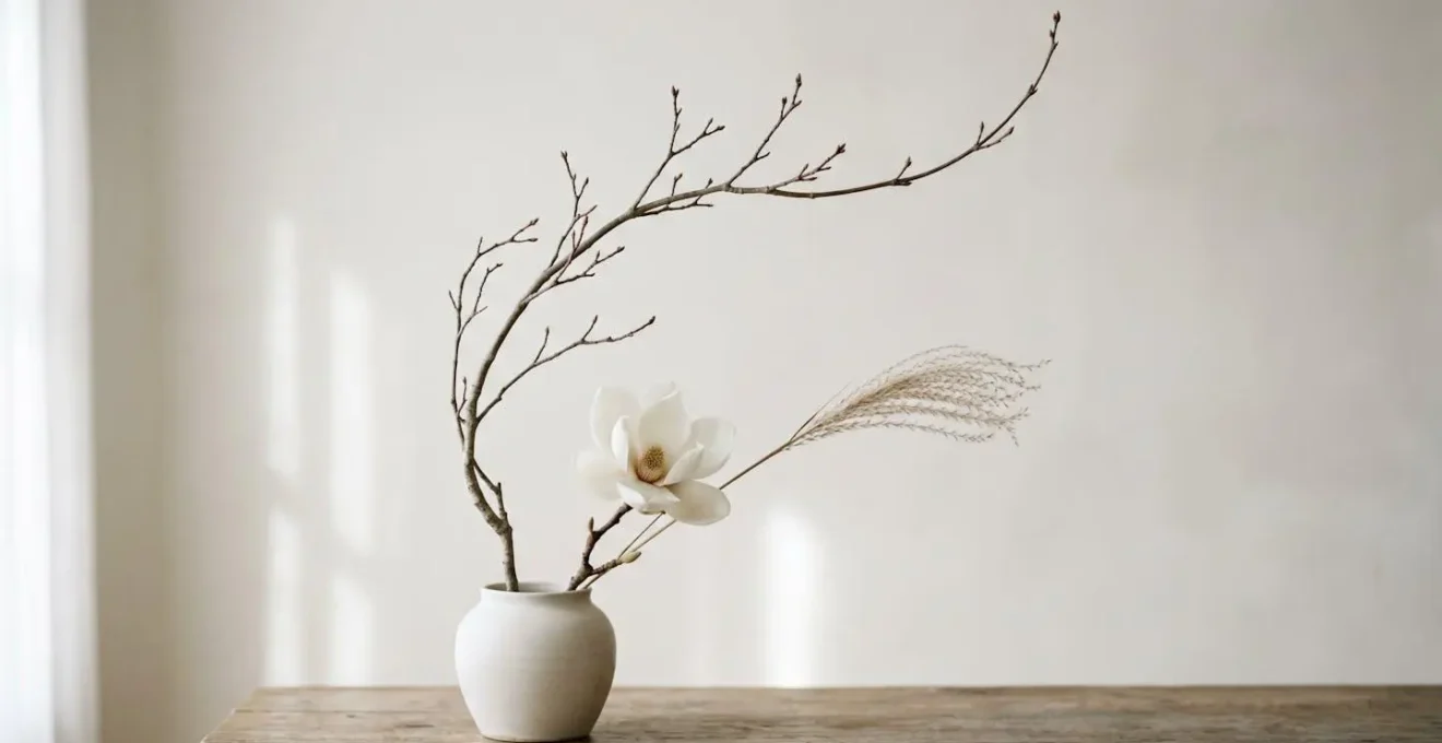 A minimalist floral arrangement with three carefully selected stems in a simple vessel against a clean background, emphasizing negative space and intentional design