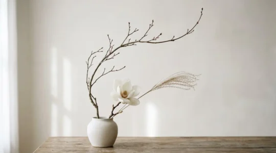 A minimalist floral arrangement with three carefully selected stems in a simple vessel against a clean background, emphasizing negative space and intentional design